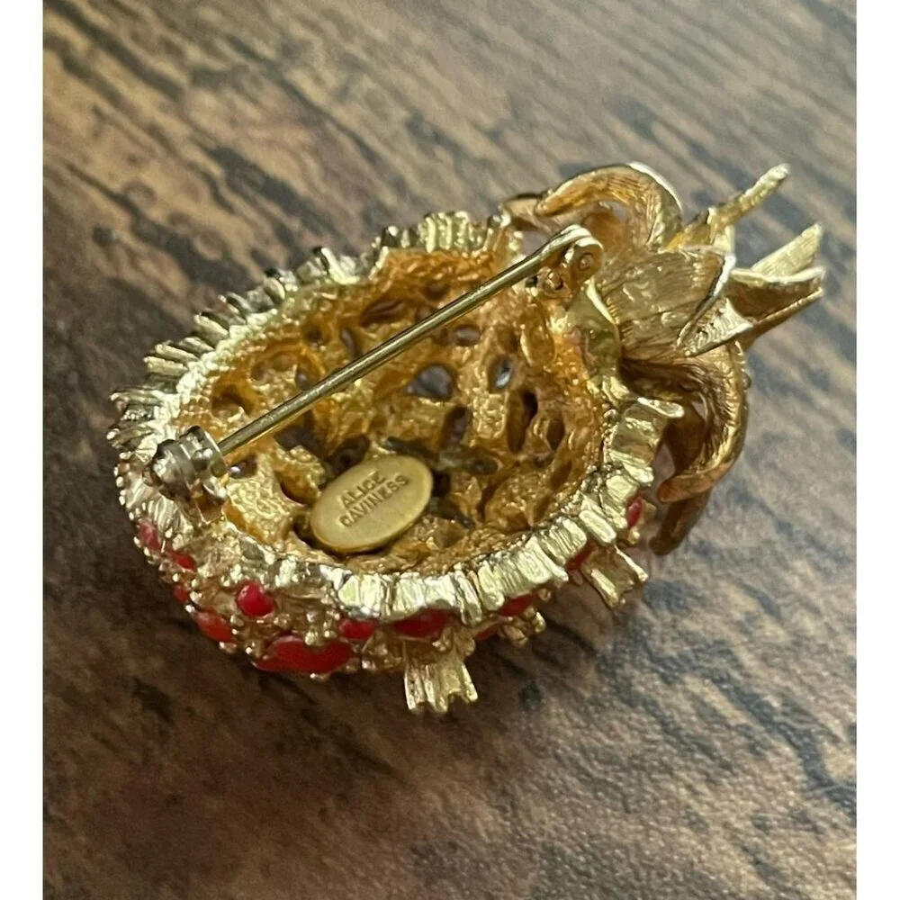Vintage Alice Caviness Pineapple Brooch Gold Tone Faux Coral Rhinestone Pin